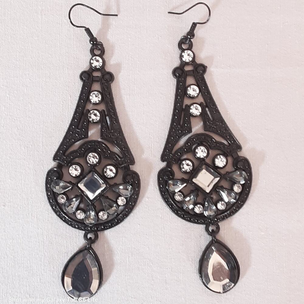 💎Jumbo Black Dangle Drop Earrings Bright Clear Rhinestones Pierced